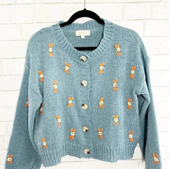 Listicle Blue Button Front Cardigan with Floral Design & Pockets Women's Small - Picture 3 of 10